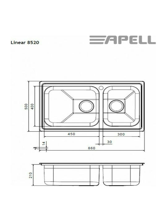 Apell Linear 8520 8520-112 Drop-In Sink Left Inox Matte W86xD50cm Silver