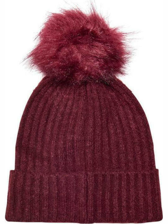 Angie Pom Pom Beanie Γυναικείος Σκούφος με Rib Πλέξη σε Μπορντό χρώμα