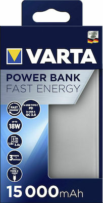 Varta Fast Energy Power Bank 15000mAh 18W с 2 USB-A порта и USB-C порт Бързо зареждане 3.0 / Power Delivery Сребрист