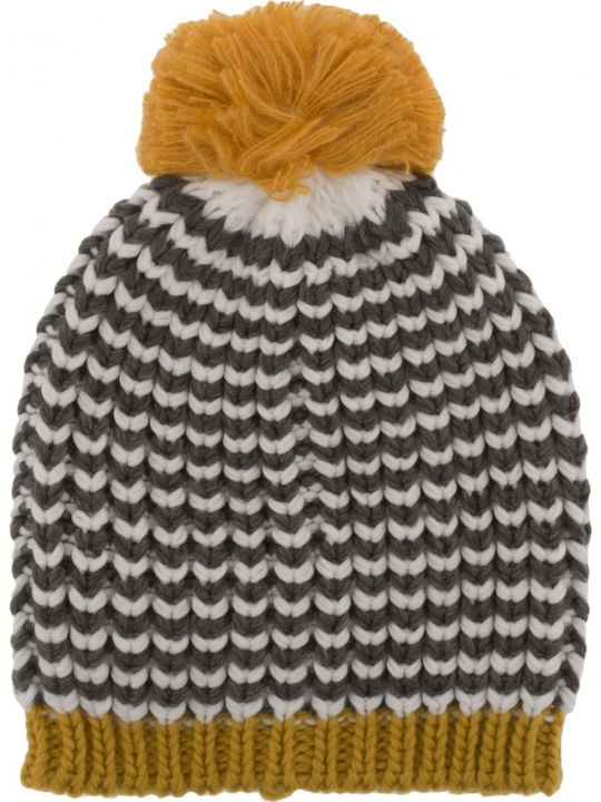 Funky Buddha Pom Pom Beanie Beanie Knitted Grey/Ecru/Mustard