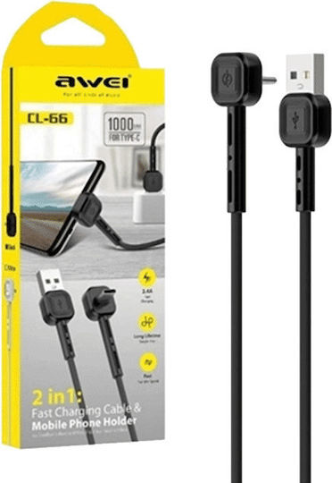 Awei CL-66 Angle (90°) / Regular USB 2.0 Cable USB-C male - USB-A Μαύρο 1m