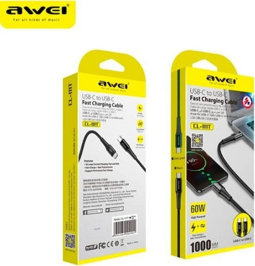 Awei CL-111T Braided USB 2.0 Cable USB-C male - USB-C 60W PD Μαύρο 1m