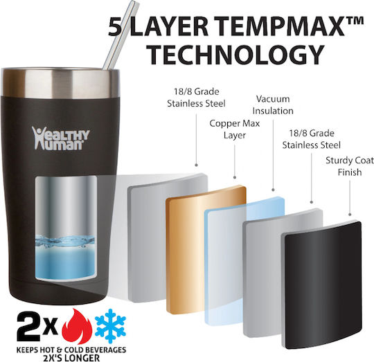 Healthy Human Cruiser Tumbler Glass Thermos Stainless Steel BPA Free 350ml Brown With Straw