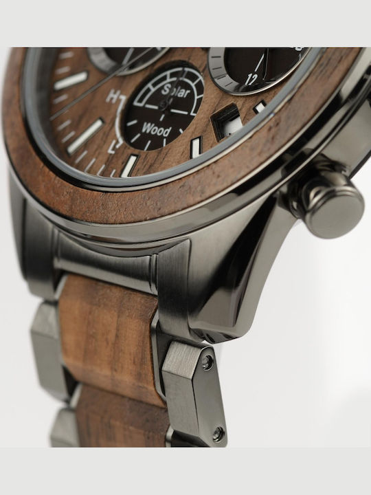 Jacques Lemans Eco Power Ανδρικό Ρολόι 44mm Χρονογράφος Μπαταρίας με Γκρι Ξύλινο Μπρασελέ