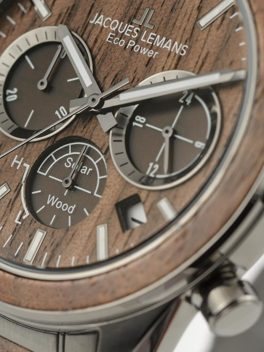 Jacques Lemans Eco Power Ανδρικό Ρολόι 44mm Χρονογράφος Μπαταρίας με Γκρι Ξύλινο Μπρασελέ