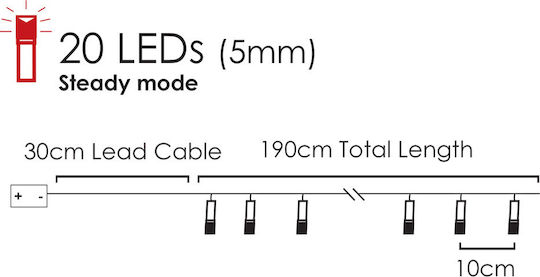 20 Светлини LED 1.9m. Топъл бял На батерия тип Лента 1бр