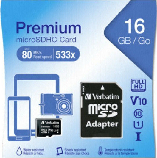 Verbatim Premium microSDHC 16GB U1 UHS-I 10MB/s with Adapter