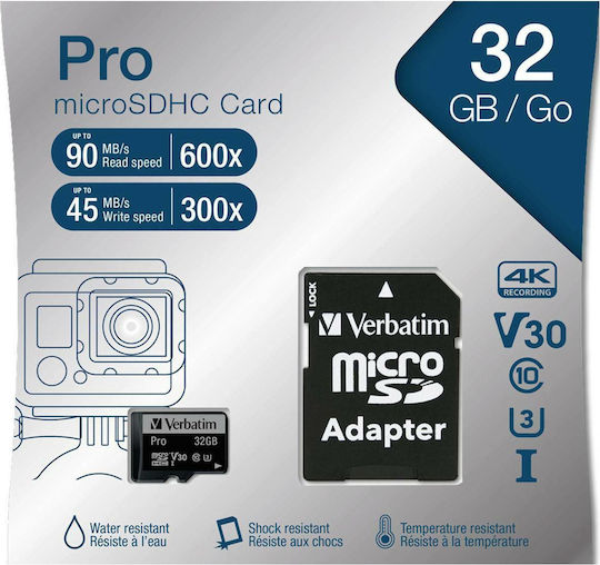 Verbatim Pro microSDHC 32GB U3 UHS-I 90MB/s Cu Adaptor