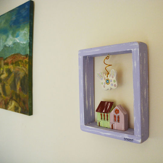 Kapadakis Wood Art Wanddekoration Häuser mit Schmetterling Handgefertigt Lila aus Hölzernes 20x5x24cm