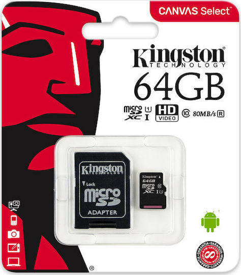 Kingston Canvas Select microSDXC 64GB U1 V10 A1 UHS-I 80MB/s με αντάπτορα
