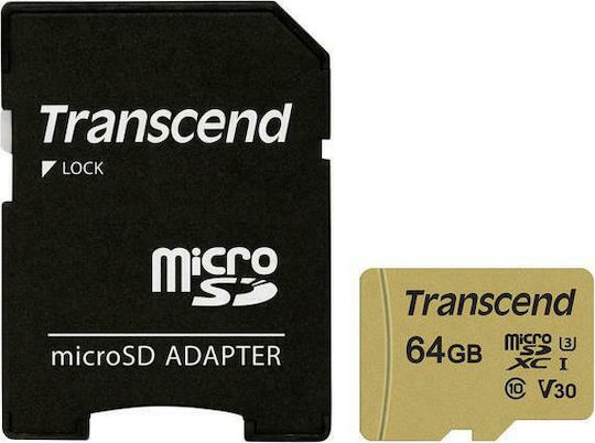 Transcend 500S microSDXC 64GB U3 V30 UHS-I 95MB/s με αντάπτορα