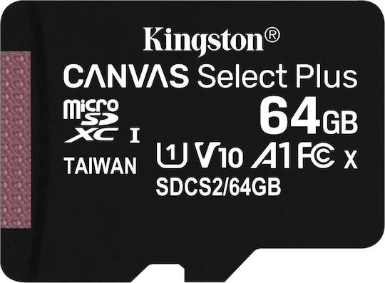Kingston Canvas Select Plus microSDXC 64GB U1 V10 A1 UHS-I 100MB/s με αντάπτορα