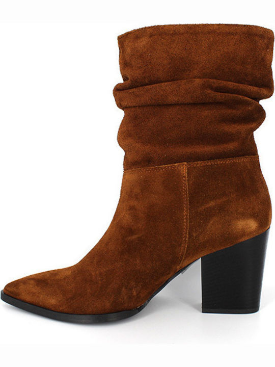 7524 Suede Women's Ankle Boots with High Heel Tabac Brown