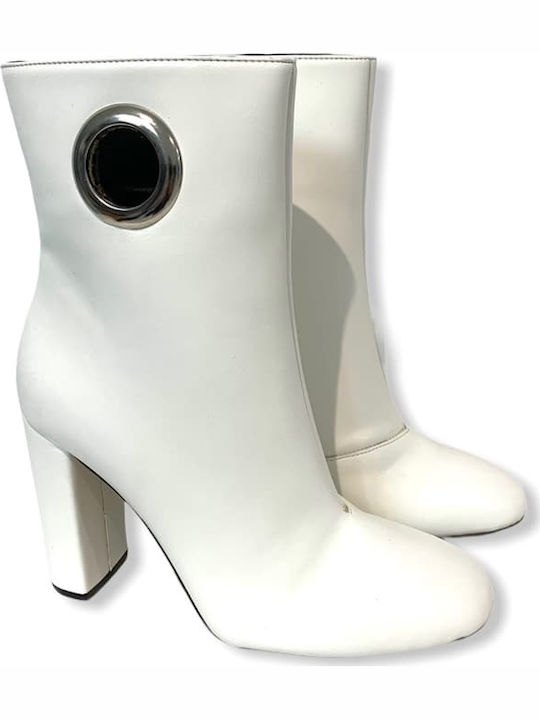 Ghete Dama Ankle Boots cu Toc Alb