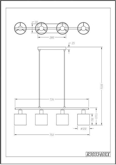 Trio Lighting Tommy Ρυθμιζόμενο Κρεμαστό Φωτιστικό Μαύρο Ράγα για 4 Λαμπτήρες E14 75x12x150εκ.