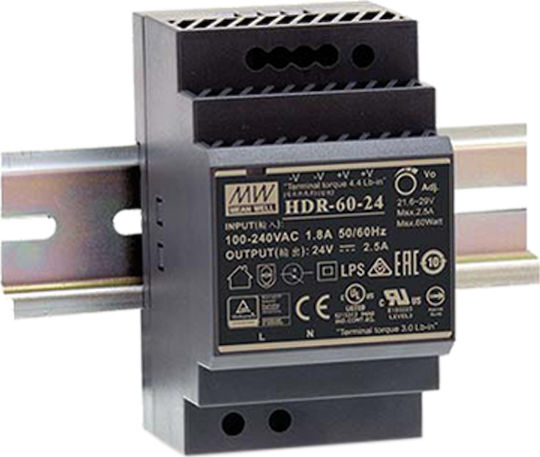 Mean Well Τροφοδοτικό Ράγας με Έξοδο 24V και Ισχύ 60W 2.5A