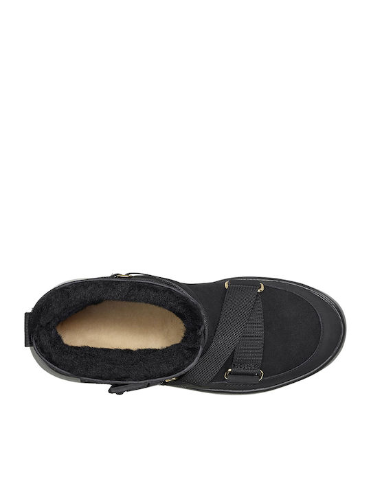 Classic Boom Buckle Suede Women's Ankle Boots with Fur Black