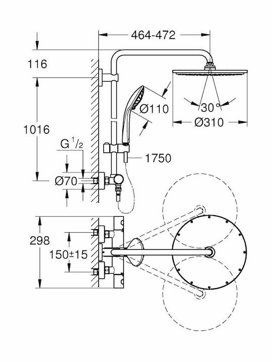 Grohe Euphoria XXL 310 Στήλη Ντουζ με Μπαταρία 113.2cm Ασημί