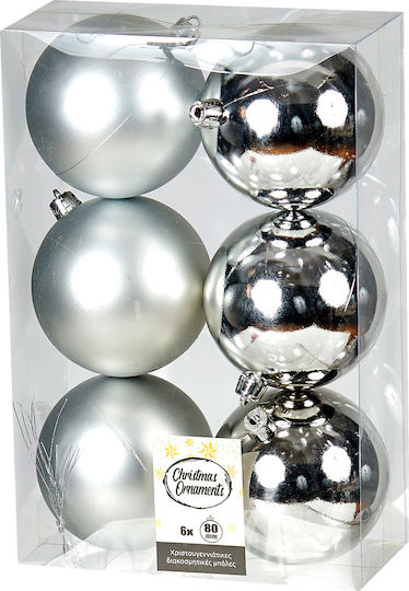 Hanging Ball Ornament Ornament Plastic Silver 8cm Set 6pcs