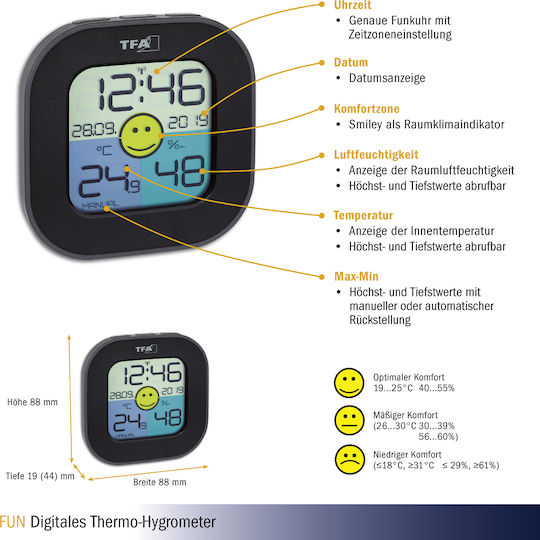 TFA Fun Θερμόμετρo & Υγρασιόμετρo Επιτοίχιο / Επιτραπέζιο για Χρήση σε Εσωτερικό & Εξωτερικό Χώρο Μαύρο