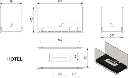 Kratki Hotel Tuv Indoor Desktop Bioethanol Fireplace Black 70x33.4x40cm