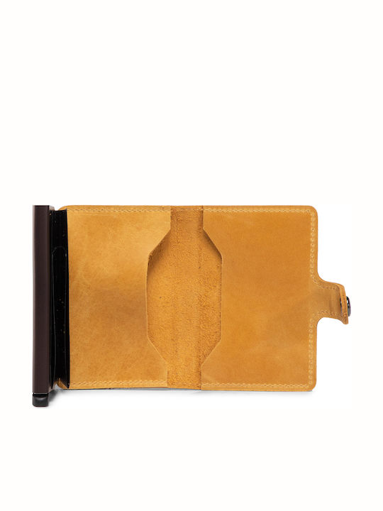 Miniwallet Vintage Δερμάτινο Ανδρικό Πορτοφόλι Καρτών με RFID και Μηχανισμό Slide Κίτρινο
