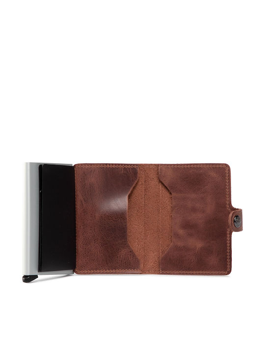 Miniwallet Vintage Δερμάτινο Ανδρικό Πορτοφόλι Καρτών με RFID και Μηχανισμό Slide Καφέ/Ασημί