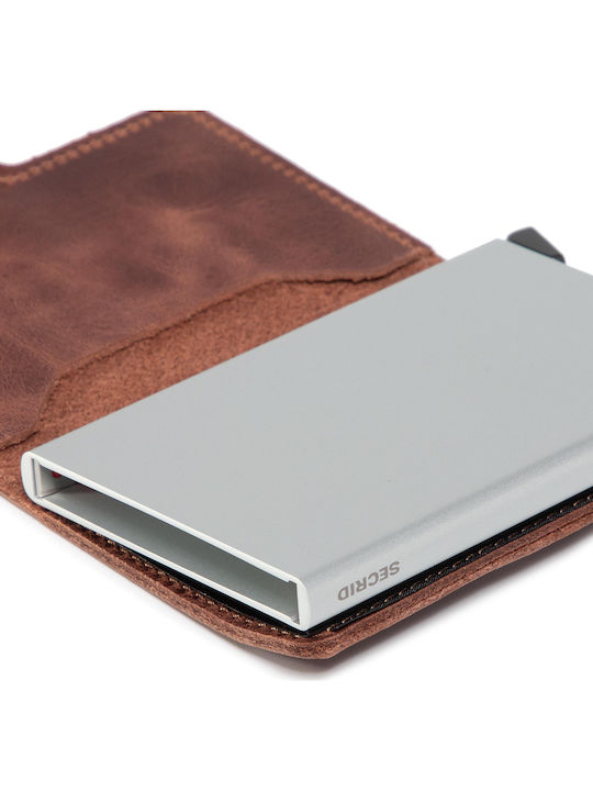 Miniwallet Vintage Δερμάτινο Ανδρικό Πορτοφόλι Καρτών με RFID και Μηχανισμό Slide Καφέ/Ασημί