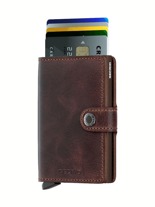 Miniwallet Vintage Δερμάτινο Ανδρικό Πορτοφόλι Καρτών με RFID και Μηχανισμό Slide Καφέ