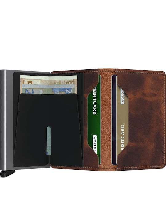 Slimwallet Vintage Leather Men's Wallet Cards with RFID and Slide Mechanism Coffee Open