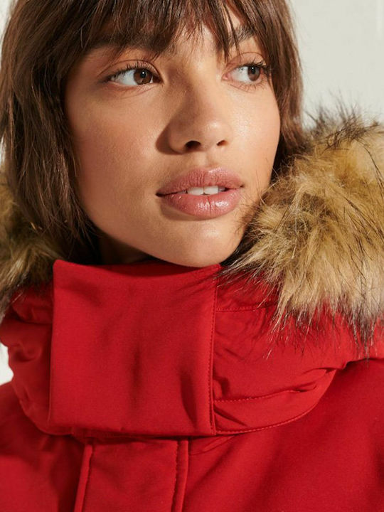 Code Everest Women's Long Parka Jacket for Winter with Detachable Hood Red