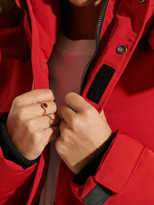 Code Everest Women's Long Parka Jacket for Winter with Detachable Hood Red