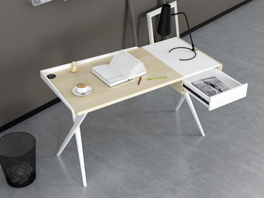 Birou Secretar Lemn Alb / Frasin cu Picioare Metalice 125x60x79cm