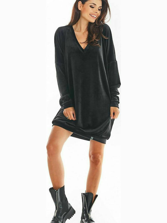 Awama All Day Long Sleeve Velvet Mini Dress with V Neck Black