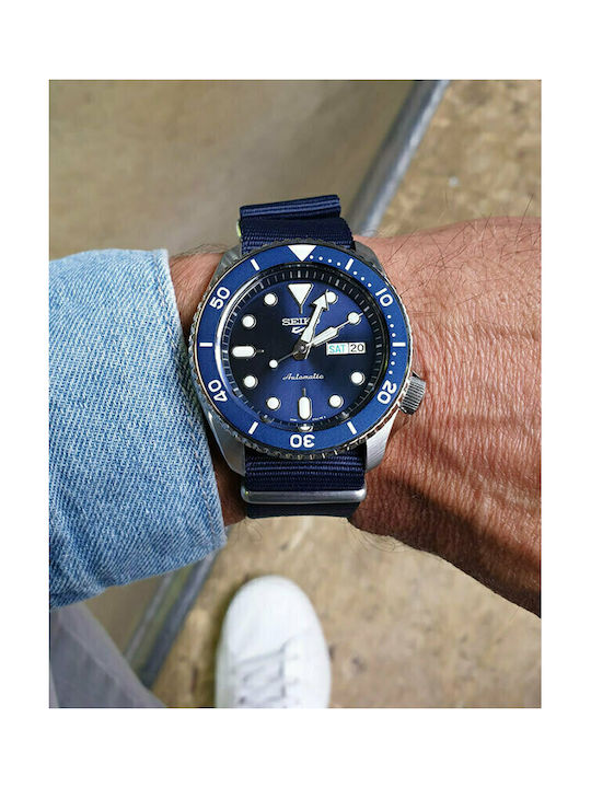 Seiko Ανδρικό Ρολόι 43mm Αυτόματο με Μπλε Υφασμάτινο Λουράκι