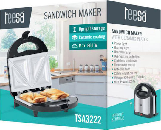 Teesa Τοστιέρα με Κεραμικές Πλάκες για 2 Τοστ 800W Inox