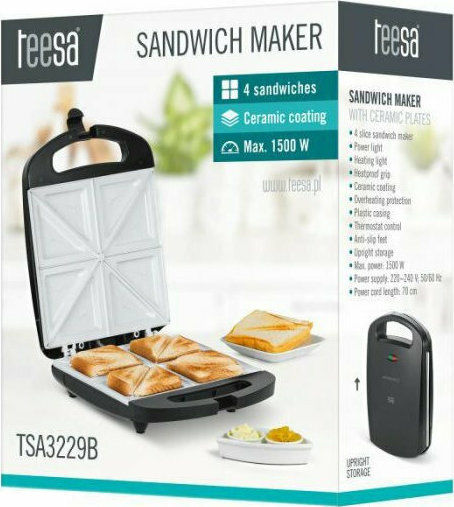 Teesa Sandwich Maker cu Plăci Ceramice pentru for 4 Sandwiches Sandvișuri 1500W Neagră