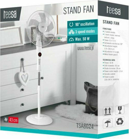 Teesa Ανεμιστήρας Ορθοστάτης 50W Διαμέτρου 43cm με Τηλεχειριστήριο Λευκός