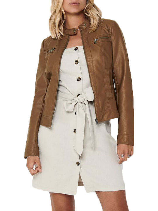 Bandit Women's Short Biker Artificial Leather Jacket for Winter Brown