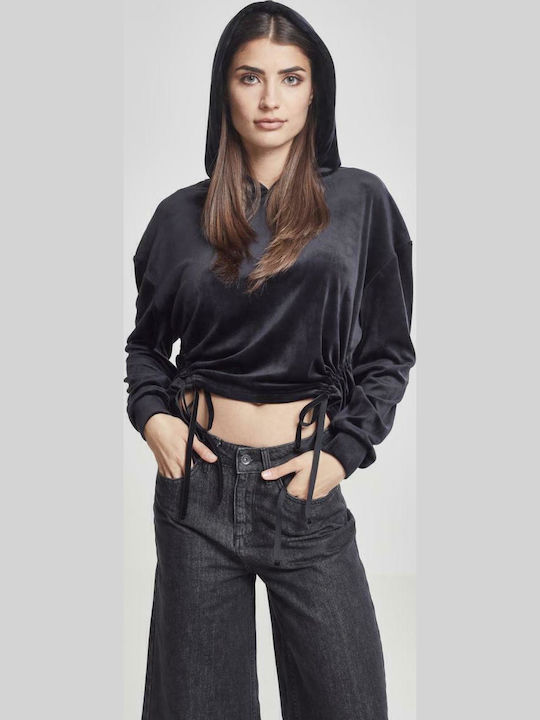 Cropped Hanorac pentru femei Catifea Cu glugă Negru
