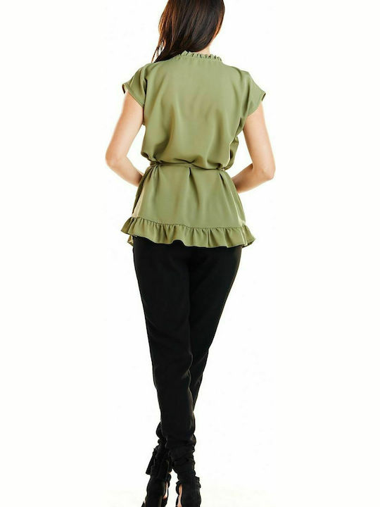 Awama Damen Sommer Bluse Kurzärmelig Khaki