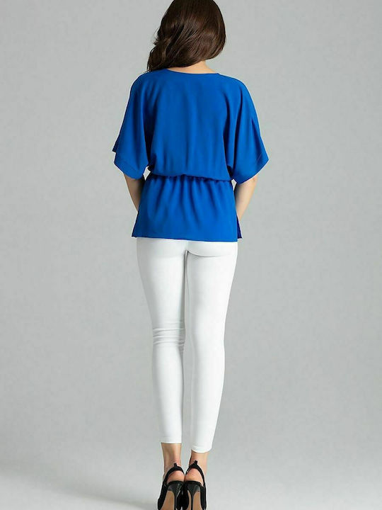 Lenitif L063 Women's Blouse with 3/4 Sleeve & V Neckline Blue