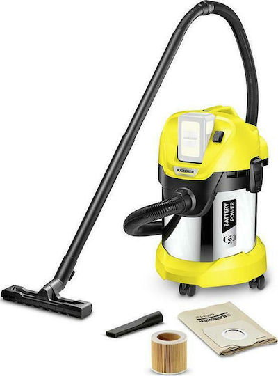 Karcher WD 3 Battery Premium Aspirator Reîncărcabil Lichide / Solide Fără Încărcător și Baterie cu Inoxidabil Recipient 17lt