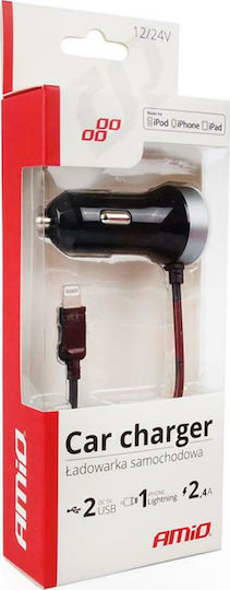 AMiO PRO-02 Auto-Ladegerät 2.4A mit 2xUSB-A Anschlüssen zusammen mit Lightning Kabel Schwarz Farbe