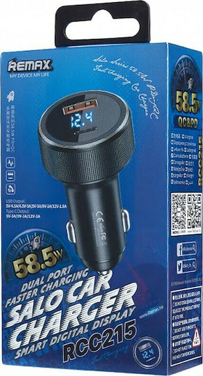 Remax Auto-Ladegerät 58.5W 4.5A mit Anschlüssen: 1xUSB 1xType-C mit Kabel Mini-USB / Typ-C,TC-TC Schwarz Farbe