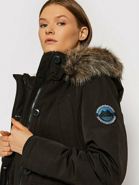Everest Lang Damen Parka Jacke mit pelziger Kapuze für Winter Schwarz
