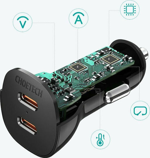 Choetech Choetech Auto-Ladegerät 40W Schnellladen mit 2xType-C Anschlüssen Schwarz