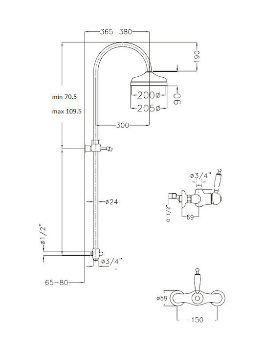 Bugnatese Oxford Adjustable Shower Column with Bathtub Mixer 92-125cm Silver