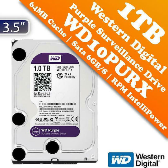 Western Digital Purple Surveillance 1TB HDD Σκληρός Δίσκος 3.5" SATA III 5400rpm με 64MB Cache για Καταγραφικό WD10PURX