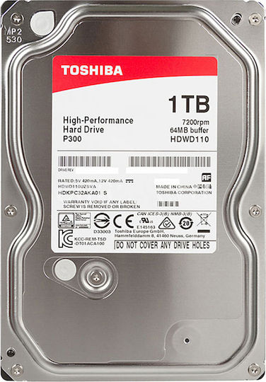 Toshiba P300 1TB HDD Σκληρός Δίσκος 3.5" SATA III 7200rpm με 64MB Cache για Desktop Bulk HDWD110UZSVA